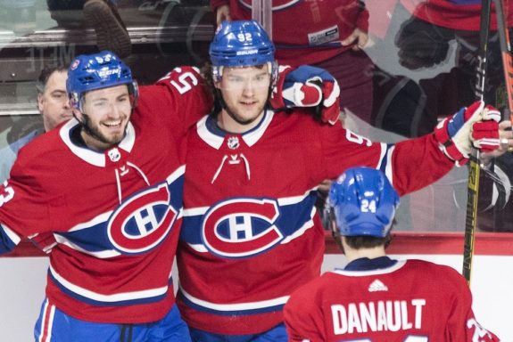 Montreal Canadiens Victor Mete, Jonathan Drouin and Phillip Danault