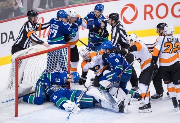 Jacob Markstrom, Troy Stecher, Ben Hutton, Nikolay Goldobin, Jori Lehtera, Shayne Gostisbehere, Jake Virtanen