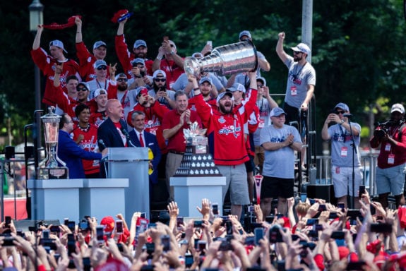 Alex Ovechkin #8 of the Washington Capitals holds the Stanley Cup