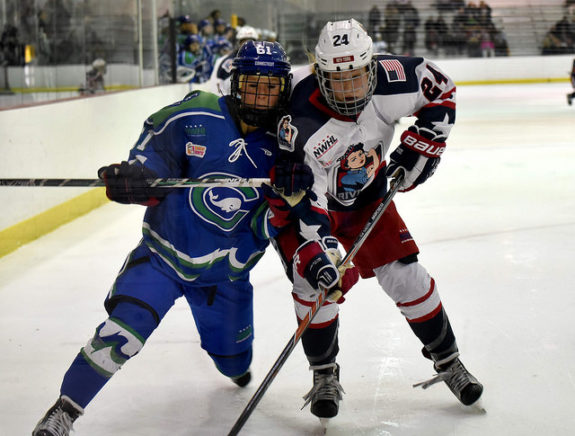 Celeste Brown of the New York Riveters battles Kelli Stack of the Connecticut Whale (Troy Parla)