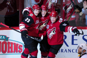 Christian Dvorak, Oliver Ekman-Larsson and Max Domi (Matt Kartozian-USA TODAY Sports)