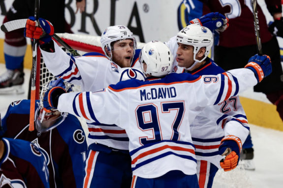 Connor McDavid (97), Milan Lucic (27) and Leon Draisaitl (29) (Isaiah J. Downing-USA TODAY Sports)