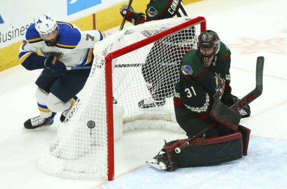 St. Louis Blues left wing Pat Maroon Arizona Coyotes goaltender Adin Hill