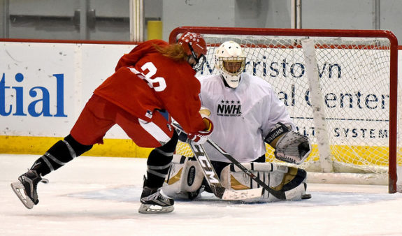 Dakota Woodworth attempts to score at the NWHL Free Agent Camp in NJ. (Photo Credit: Troy Parla)