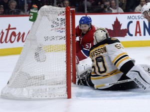 Montreal Canadiens forward David Desharnais and ex-Boston Bruins goalie Jonas Gustavsson