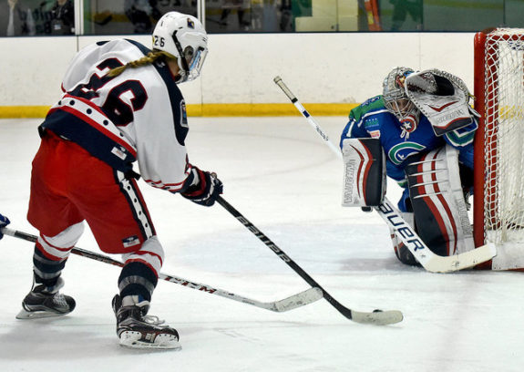 Kiira Dosdall of the New York Riveters prepares to shoot on ex-teammate Shenae Lundberg of the Connecticut Whale. (Photo Credit: Troy Parla)