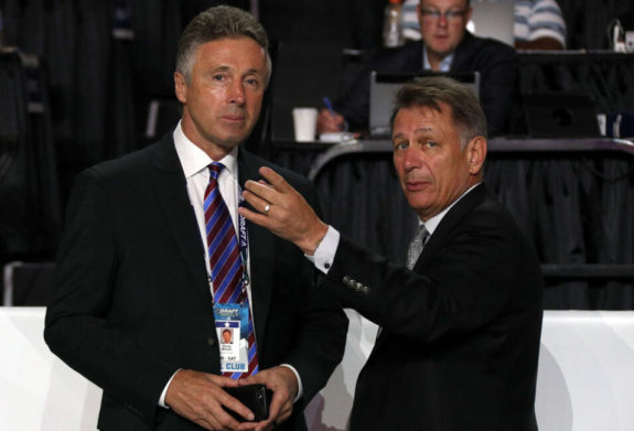 Doug Wilson of the San Jose Sharks and Ken Holland of the Edmonton Oilers