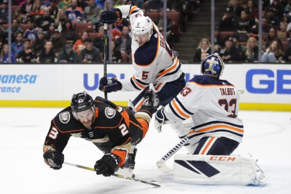 Anaheim Ducks' Brian Gibbons Edmonton Oilers' Kevin Gravel Cam Talbot