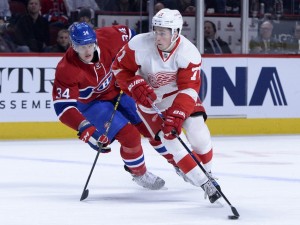 Detroit Red Wings forward Dylan Larkin and Michael McCarron