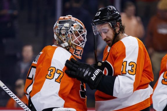 Philadelphia Flyers Kevin Hayes and Brian Elliott