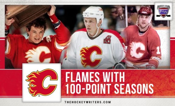 Calgary Flames 100-point season Theo Fleury, Kent Nilsson, and Al MacInnis