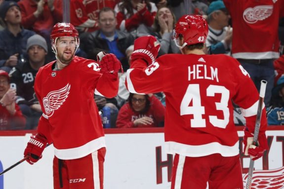 Detroit Red Wings players Mike Green and Darren Helm