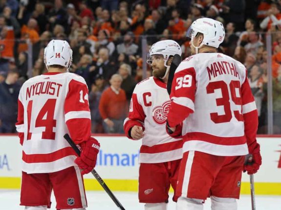 Henrik Zetterberg, Gustav Nyquist, and Anthony Mantha of the Detroit Red Wings.