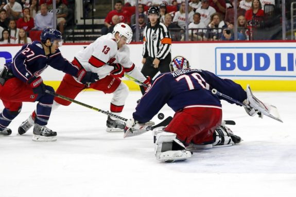 Carolina Hurricanes Warren Foegele Columbus Blue Jackets Joonas Korpisalo