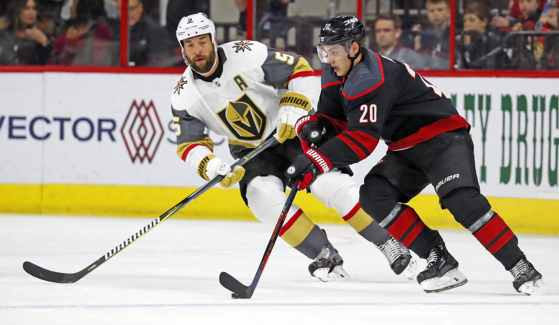 Carolina Hurricanes' Sebastian Aho Vegas Golden Knights' Deryk Engelland