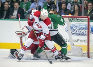 Jaccob Slavin wins the shootout for the 'Canes after Skinner's unbelievable goal.(Jerome Miron-USA TODAY Sports)