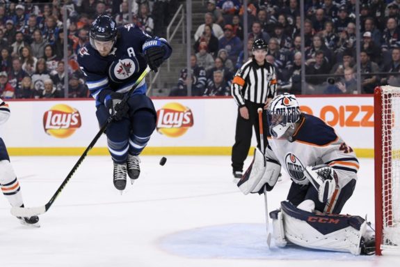 Winnipeg Jets' Mark Scheifele Edmonton Oilers' Mike Smith