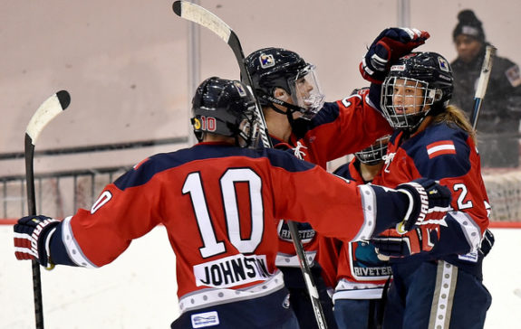 Ashley Johnston, Janine Weber and the Riveters celebrate a goal. (Photo Credit: Troy Parla)