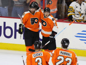 The Manning & Gudas pairing has been a go to for Hakstol this season. (Amy Irvin / The Hockey Writers)
