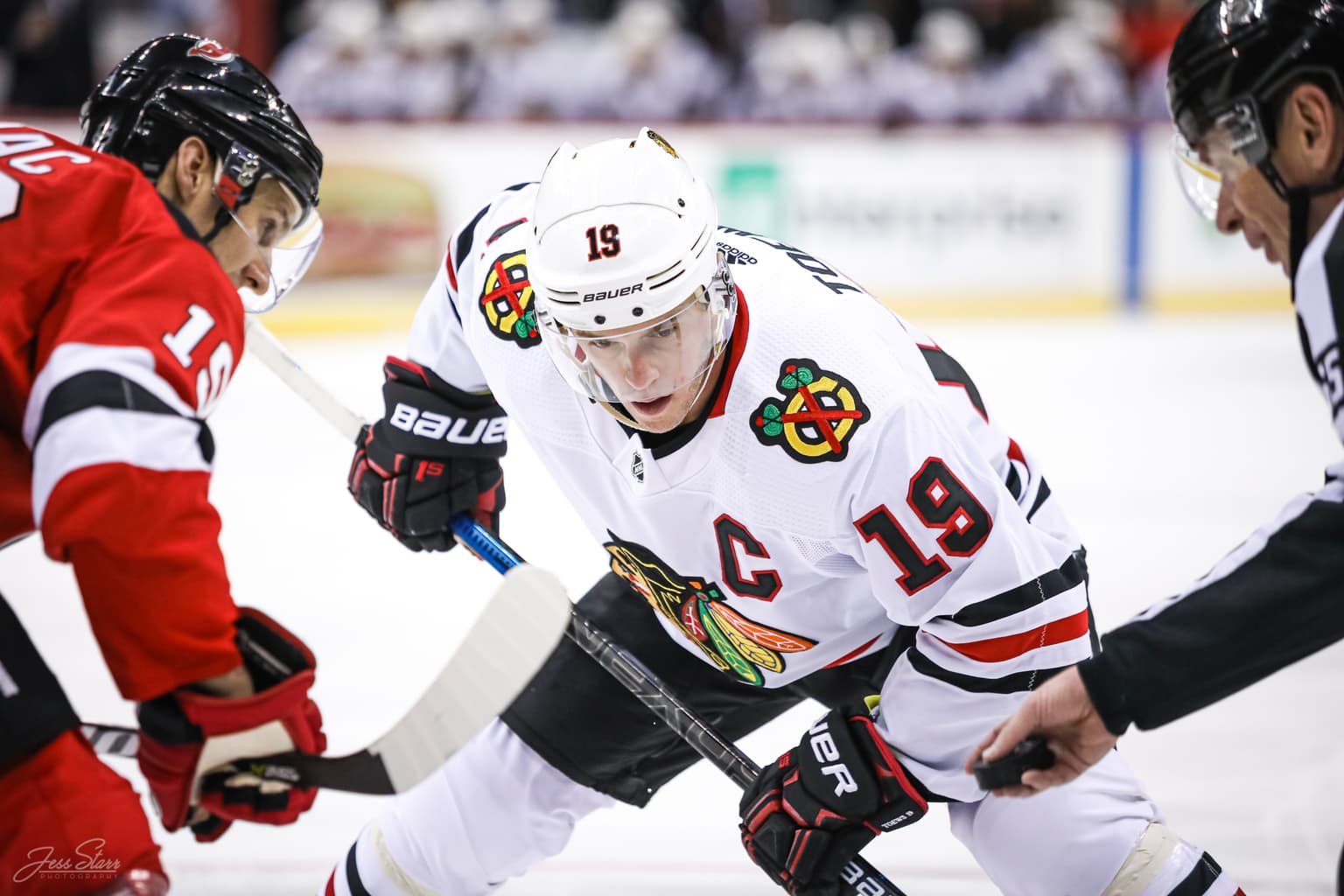 Patrick Kane and Jonathan Toews model NHL All-Star jerseys