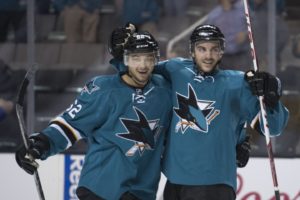 Kevin Labanc seen here celebrating his first NHL goal was benched vs. Devils (Kyle Terada-USA TODAY Sports)