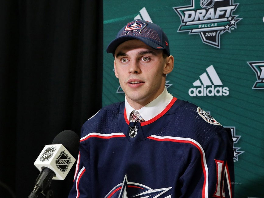 Columbus Blue Jackets center Liam Foudy (19) and Florida Panthers