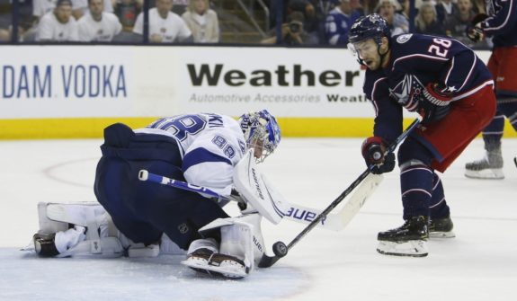 Tampa Bay Lightning's Andrei Vasilevskiy Columbus Blue Jackets' Oliver Bjorkstrand