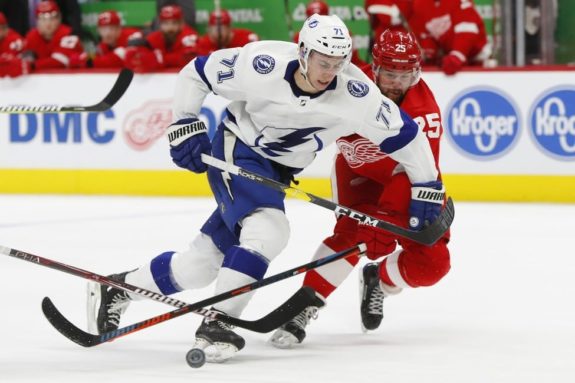 Detroit Red Wings defenseman Mike Green and Tampa Bay Lightning center Anthony Cirelli