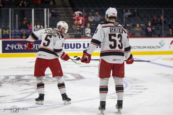 Detroit Red Wings defensemen Gustav Lindstrom and Moritz Seider