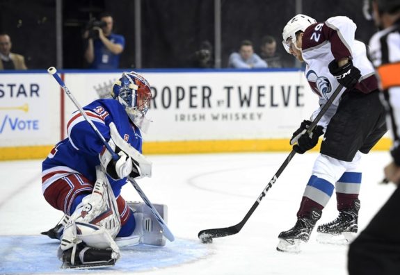 Nathan MacKinnon scoring a goal on Igor Shesterkin of the NYR during his 500th game on January 7th, 2020.