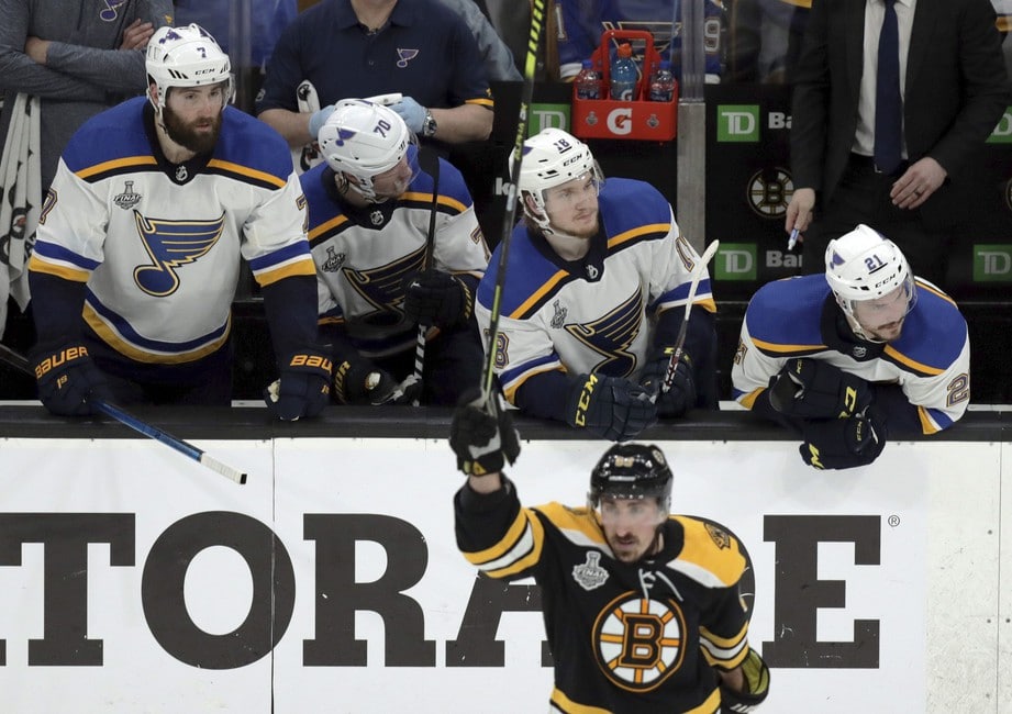 St. Louis Blues players on the bench Boston Bruins' Brad Marchand