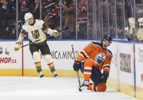 Edmonton Oilers' Connor McDavid celebrates a goal