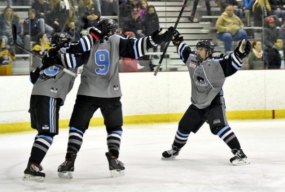 Megan Bozek and Devon Skeats celebrate a Buffalo Beauts goal. (Photo Credit: Troy Parla)