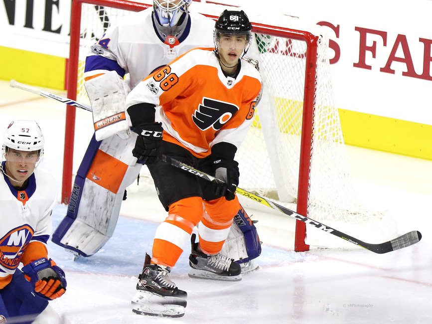 Morgan Frost of Philadelphia Flyers skates against the New Jersey