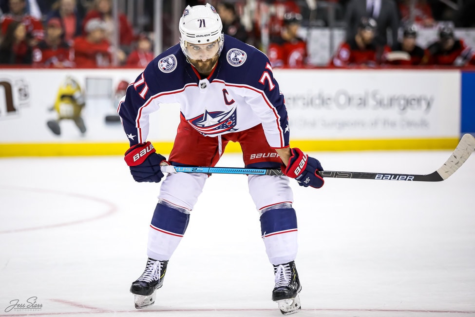 NOV 10, 2015: Columbus Blue Jackets left wing Nick Foligno (71) wears a  camouflage jersey for Military Appreciation Night during warmups prior to a  NHL game between the Vancouver Canucks and the