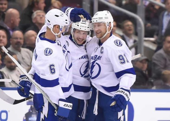 Tampa Bay Lightning players Nikita Kucherov, Steven Stamkos and defenseman Anton Stralman