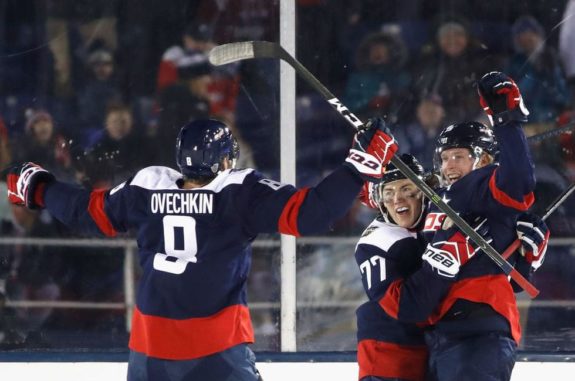 icklas Backstrom #19 of the Washington Capitals celebrates his power play goal with teammates Alex Ovechkin