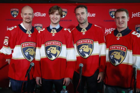 From left: Anton Stralman, Sergei Bobrovsky, Brett Connolly, Noel Acciari