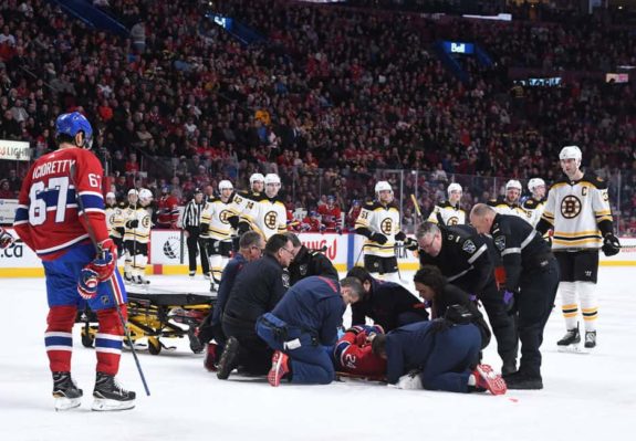 Phillip Danault hit in head by Chara shot