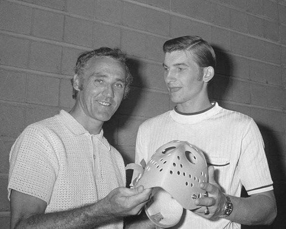 Jacques Plante poses for a photo with Vladislav Tretiak