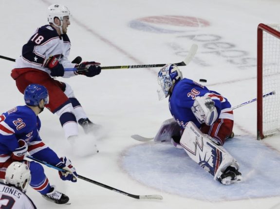 Columbus Blue Jackets' Pierre-Luc Dubois New York Rangers goaltender Henrik Lundqvist