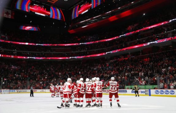 Detroit Red Wings celebrate a victory against Boston.