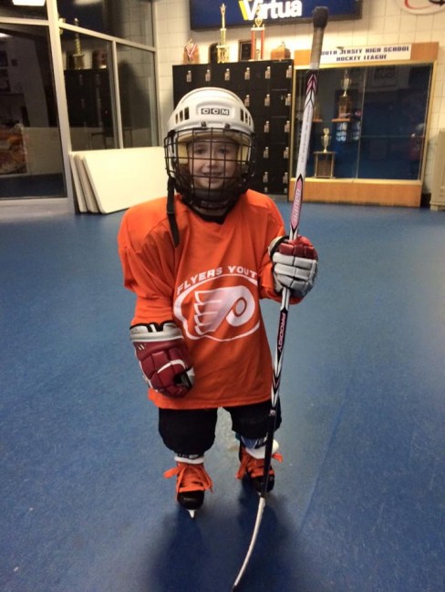 Riley, of the Flyers Youth Special Hockey Club, prepares to hit the ice! Photo courtesy of Flyers Youth Special Hockey