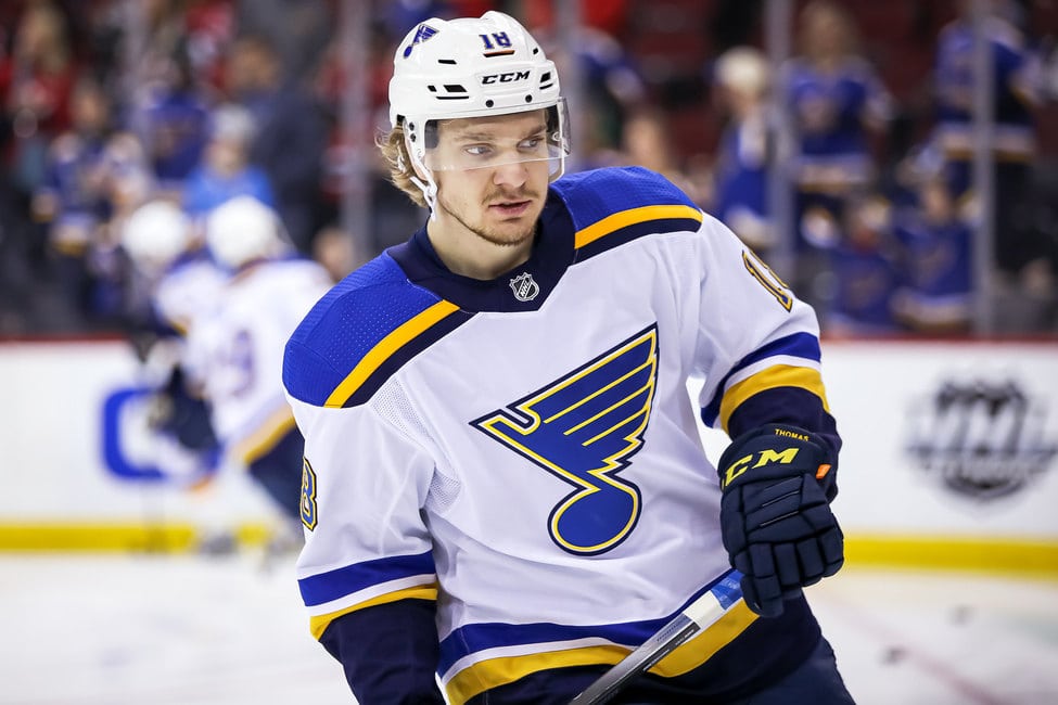 St. Louis Blues' Robert Thomas (18) leads teammates toward the bench after  his goal against the New Jersey Devils during the third period of an NHL  hockey game Thursday, Jan. 5, 2023