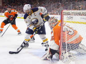 Roman Lyubimov, Steve Mason and Brian Gionta, Philadelphia Flyers vs Buffalo Sabres - October 25, 2016 (Amy Irvin / The Hockey Writers)