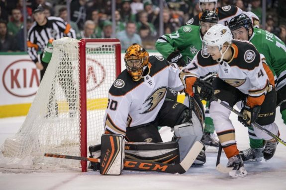 Ducks goalie Ryan Miller puts his pad down