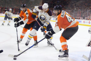 Sean Couturier, Andrew MacDonald and Derek Grant, Philadelphia Flyers vs Buffalo Sabres - October 25, 2016 (Amy Irvin / The Hockey Writers)