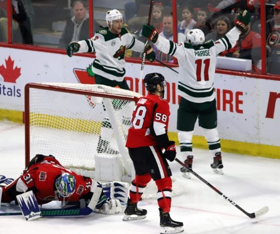 Minnesota Wild's Zack Parise and Charlie Coyle as Ottawa Senators Anders Nilsson and Maxime Lajoie