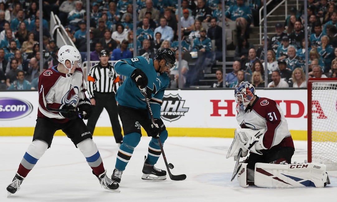 Colorado Avalanche's Cale Maker Philipp Grubauer San Jose Sharks' Evander Kane