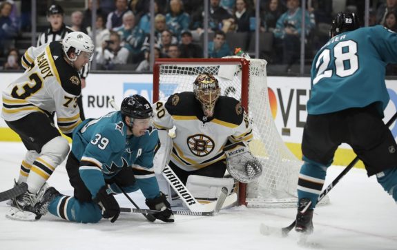 Boston Bruins Tuukka Rask Charlie McAvoy San Jose Sharks' Logan Couture Timo Meier